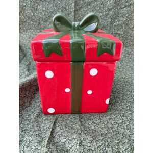 "CHRISTMAS GIFT" Ceramic Cookie Jar Red with White Dots, Green‎ Bow